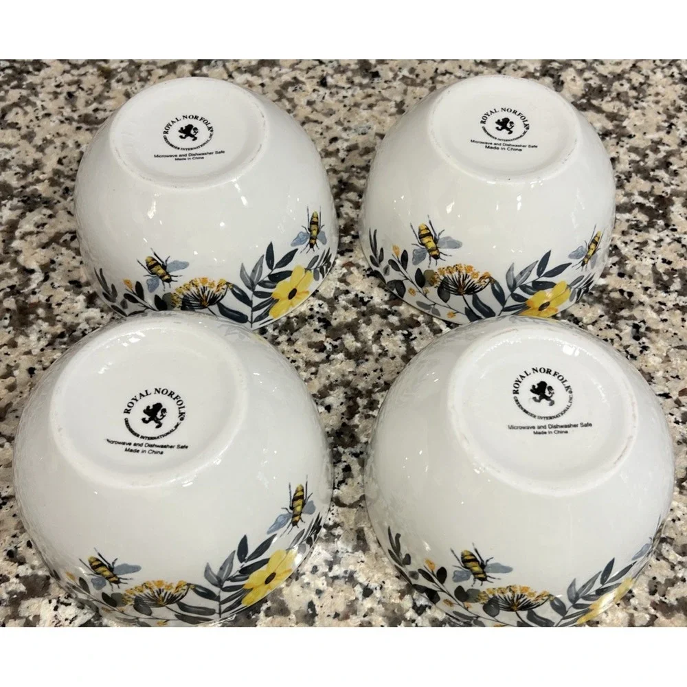 Set Of 4 ROYAL NORFOLK Spring‎ Bee Floral Soup Cereal Bowls 5.5